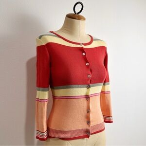 Laurie B. Cardigan Knit Sweater Multi Stripe Pearlescent Buttons Y2K